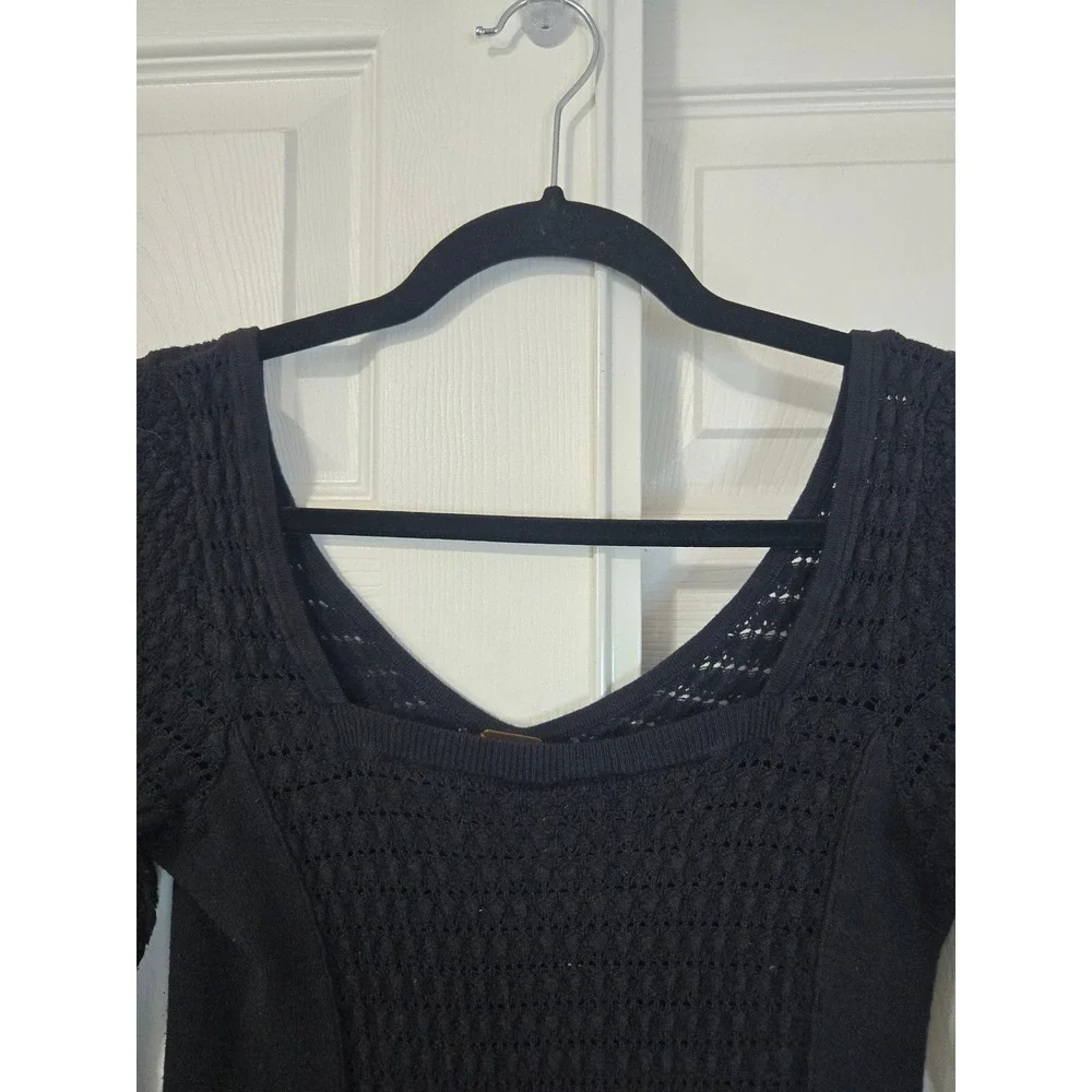 Free People Black Pointelle Open Knit Square Neck Long Sleeve Top Size Large